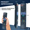 A hand holding a remote control, with two other remote controls shown for size comparison and detail. Text overlays provide product dimensions and features. Produktbild-Vorschau