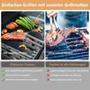 A split image showing the benefits of using BBQ grill mats versus not using them. The left side shows food grilling on a mat, and the right side shows food grilling directly on the grates. Below are bullet points comparing the two methods. Produktbild-Vorschau