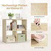 A bookshelf with various items on display, accompanied by marketing graphics highlighting product features. Produktbild-Vorschau