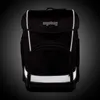 A black Ergobag cubo light backpack with reflective stripes against a dark gray gradient background. Produktbild-Vorschau