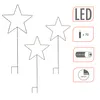 Three star-shaped garden stakes with LED lights, shown against a white background, with accompanying product information graphics. Produktbild-Vorschau