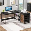 A modern L-shaped desk with integrated shelving and drawers, set up in a home office environment with a computer, printer, and decorative items. Anteprima dell’immagine prodotto