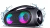 A black portable boombox speaker with colorful LED lights, surrounded by water splashes. Produktbild-Vorschau