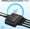 A black network splitter with multiple ports and cables connected, set against a light blue background with a speed gauge graphic. Produktbild-Vorschau