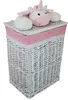 A white wicker laundry basket with a pink fabric liner and a plush unicorn toy on top. Podgląd zdjęcia produktu