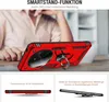 A person's hands are holding a red phone case with a ring stand on the back. Below are two smaller images showing the phone case from different angles and a diagram. Produktbild-Vorschau