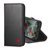 A black leather flip phone case with red stitching and a red bull logo is shown on a white background. The phone is partially visible inside the case. Produktbild-Vorschau