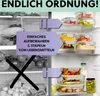 A split image showing a messy refrigerator on the left and an organized refrigerator with glass food containers on the right. Voir les images du produit