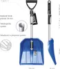 A product image showing a blue snow shovel with its handle extended and collapsed, along with diagrams and text highlighting its features. Produktbild-Vorschau