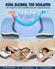 A collage showing a diagram of a pillow with airflow and three women sleeping on different positions using the pillow. Produktbild-Vorschau
