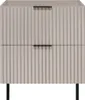 A front view of a beige matte washbasin cabinet with two drawers and black handles, standing on black legs. Produktbild-Vorschau