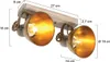 A close-up, angled view of a two-bulb ceiling light fixture with wooden base and metallic shades, featuring measurement annotations. Produktbild-Vorschau