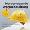 A yellow construction helmet with ventilation holes and arrows indicating airflow, accompanied by text highlighting its heat dissipation features. Produktbild-Vorschau