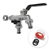 A close-up studio shot of a brass water tap with two outlets and a black handle, along with some accessories like thread seal tape and rubber washers, all set against a plain white background. Produktbild-Vorschau