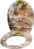 A toilet seat and lid with a floral wood grain pattern, shown in an open position. Produktbild-Vorschau