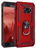 A red Samsung Galaxy S7 phone case with a ring holder is shown next to the phone it protects. Produktbild-Vorschau