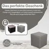 Marketing image showing a cube ottoman and its features. Produktbild-Vorschau