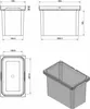 Technical drawings and a 3D render of a light gray plastic bin. Produktbild-Vorschau