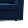 Close-up of the bottom corner of a dark blue sofa, showing one of its black legs. Produktbild-Vorschau