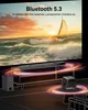 A projector setup with a soundbar and subwoofer, projecting a scene of a sailboat on the ocean at sunset. Produktbild-Vorschau