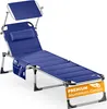 A blue foldable sun lounger with a canopy and pillow, shown on a white background. Produktbild-Vorschau