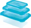 Three nested transparent food storage containers with blue lids. Produktbild-Vorschau
