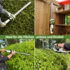 A collage of four images showing a cordless hedge trimmer being used and stored. Produktbild-Vorschau