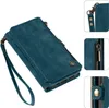 A collage of images showing a teal wallet case for a phone, with close-ups of its features like the zipper and clasp. Produktbild-Vorschau