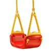 A red and yellow child's swing seat with yellow ropes and triangular yellow handles, isolated on a white background. Voir les images du produit