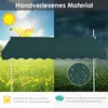 A split image showing a green awning in sunny and rainy conditions, with text describing its material and protective qualities. Náhled obrázku produktu