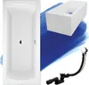 A white bathtub and its accessories are displayed against a blue background. Produktbild-Vorschau