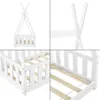 Collage of four close-up images of a white wooden children's bed with a teepee-style frame and slatted sides. Produktbild-Vorschau
