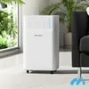 A white air purifier is placed on a rug next to a dark sofa and a large window with greenery visible outside. Voir les images du produit