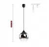 A pendant light with a graphite and transparent glass shade is shown against a white background. A measurement scale is on the left, and installation instructions are in the top right corner. Podgląd zdjęcia produktu