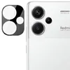 A product shot of a phone camera lens protector next to a white smartphone with its camera module visible. Produktbild-Vorschau