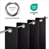 Close-up of black curtains with metal grommets hanging on a rod, with details about the grommet size and material, and a certification logo. Produktbild-Vorschau