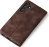 A brown leather flip case for a smartphone is shown against a white background. Produktbild-Vorschau
