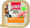 A square container of dog food with an image of a dog's head and diced chicken. Produktbild-Vorschau