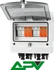 A white electrical junction box with its transparent lid open, revealing internal components and connectors at the bottom. A logo is visible at the bottom. Podgląd zdjęcia produktu