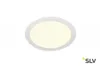 A white, round LED ceiling light with a yellow illuminated center, set against a white background. The SLV logo is visible in the bottom right corner. Produktbild-Vorschau