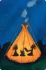 A nighttime scene with a teepee lit from within by a campfire, showing two silhouetted figures inside. Náhled obrázku produktu