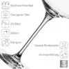 A close-up of a wine glass stem with feature icons and text descriptions. Produktbild-Vorschau