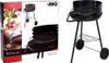 A product box for a charcoal grill, showing a family barbecue scene and a diagram of the grill. Produktbild-Vorschau