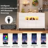 A white sideboard with LED lighting, showcasing its features through app screenshots. Voir les images du produit