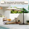 An outdoor patio scene with a large cantilever umbrella providing shade over a lounge chair and a table. Podgląd zdjęcia produktu