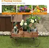 A wooden wagon planter with plants on a grassy area, with inset images showing herbs, flowers, and vegetables. Produktbild-Vorschau