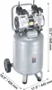 A silver air compressor with black accents and wheels, shown from a slightly angled front view. Dimensions are indicated with text overlays. Produktbild-Vorschau