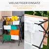A split image showing a black folding drying rack with colorful laundry on the left and white and peach towels on the right, with text overlays. Produktbild-Vorschau