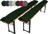 Two dark green tufted bench cushions are placed on wooden beer garden benches, shown from a slightly elevated diagonal angle against a white background. A row of circular color swatches is visible in the upper left corner. Produktbild-Vorschau
