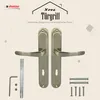 A pair of bronze-colored door handles with accompanying hardware, presented against a light beige background with subtle graphic elements. Produktbild-Vorschau